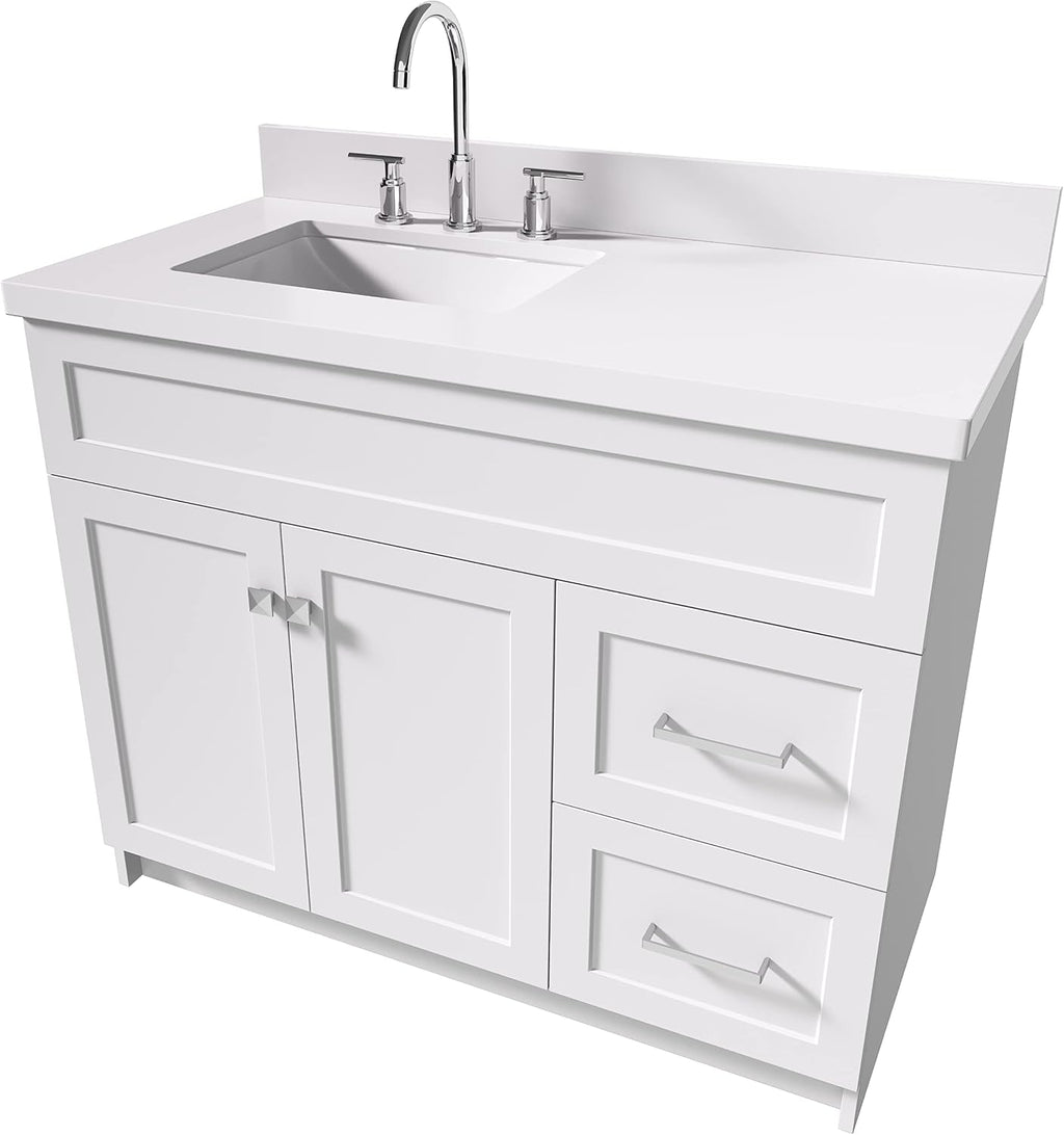 ARIEL 42' Gray Single Bathroom Vanity with 1.5' White Quartz Countertop, Rectangular Undermount Sink, Solid Wood Frame, 2 Soft Closing Doors, Dovetail Drawers