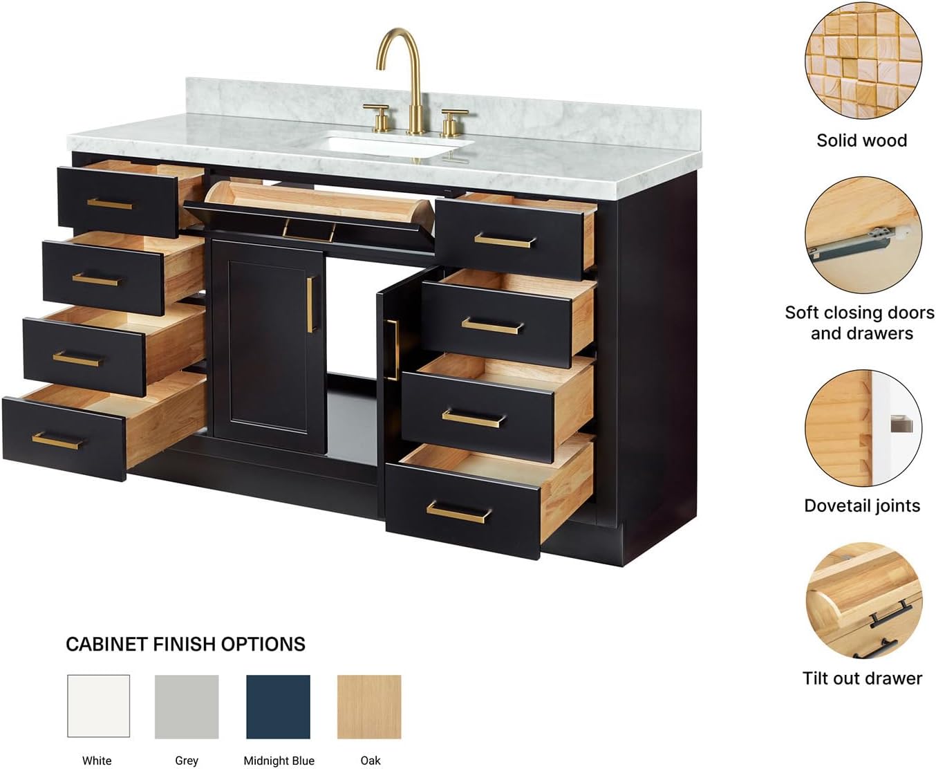 ARIEL Hepburn 60-inch Bathroom Vanity with Sink,Solid Wood, 1.5-inch Italian Carrara Marble Countertop, Single Rectangular Porcelain Sink, 2 Soft Closing Doors, 9 Dovetail Drawers, Black