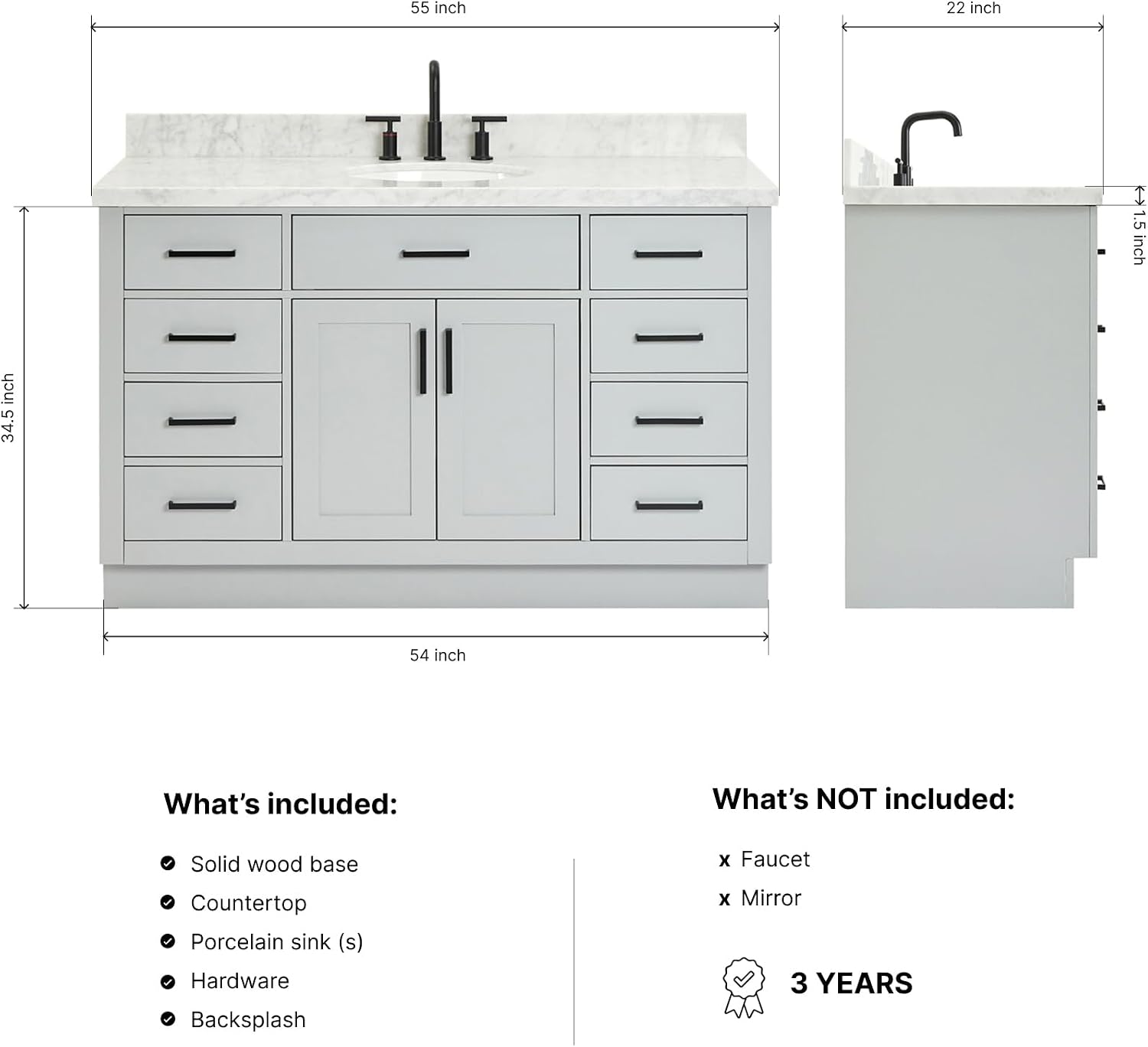 ARIEL Hepburn 54-inch Bathroom Vanity with Sink,Solid Wood, 1.5-inch Italian Carrara Marble Countertop & Backsplash, Single Oval Porcelain Sink, 2 Soft Closing Doors, 9 Dovetail Drawers, Grey