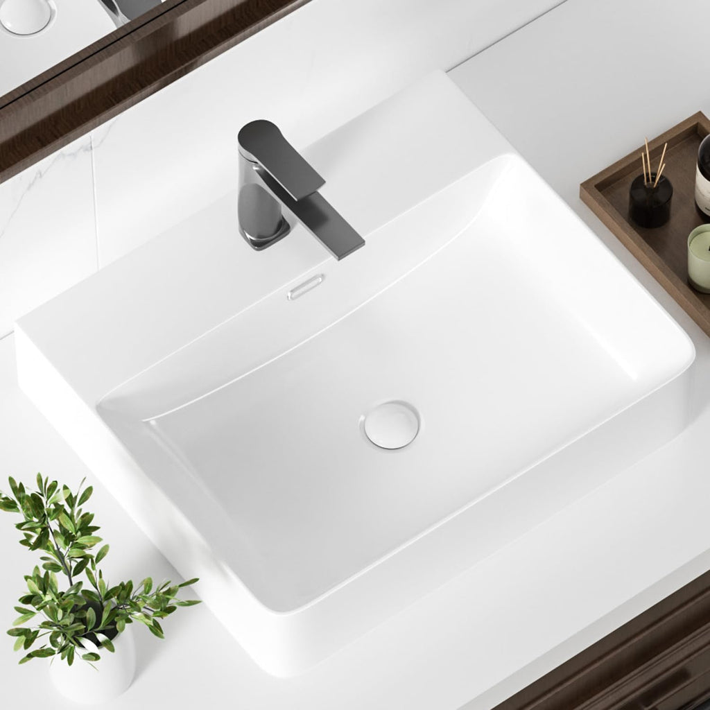 KINGWONG 20 Inch Ceramic Vessel Sink | White Rectangular Bathroom Sink Above Counter or Wall Mounted | Porcelain Vanity Basin with Overflow Hole Easy Clean Glossy Finish for RV Farmhouse Modern Bath