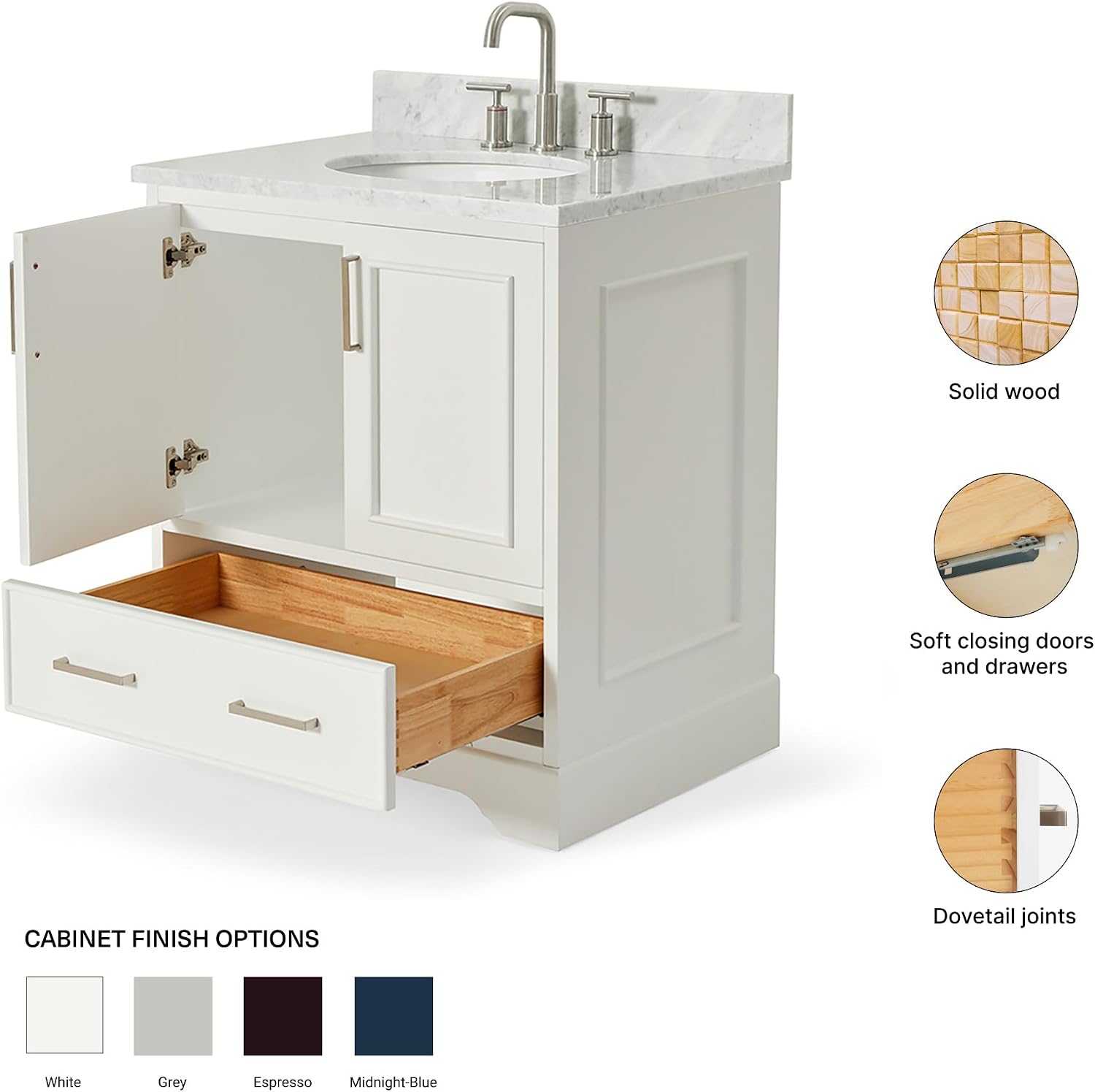 ARIEL Stafford 30-inch Bathroom Vanity with Sink,Solid Wood, 0.75-inch Italian Carrara Marble Countertop & Backsplash, Single Oval Porcelain Sink, 2 Soft Closing Doors, 1 Dovetail Drawers, White