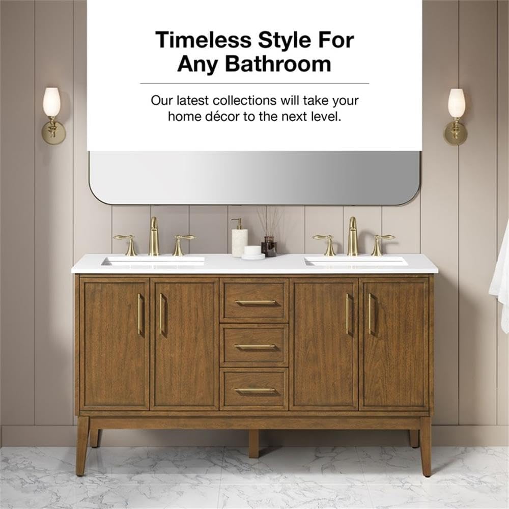 Pemberly Row 60' Bathroom Vanity, Warm Walnut Finish, White Engineered Stone Countertop, Double Undermount Sinks, Solid Wood Frame, Ample Storage, Premium Hardware, Modern Style for Master Bathrooms