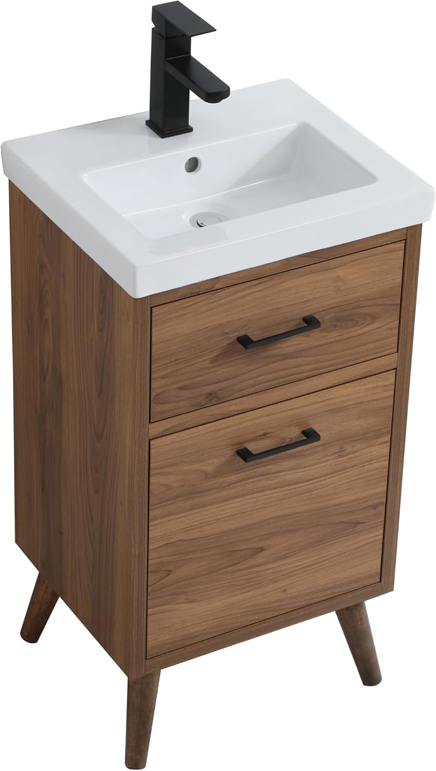 18' Pre-Assembled Bathroom Vanity with Sink, Engineered Wood, White Resin Countertop Attached, Single Rectangle Porcelain Sink, 1 Soft-Close Drawers, Walnut Brown