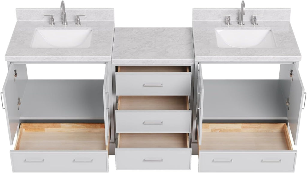 ARIEL Stafford 84-inch Bathroom Vanity with Sink,Solid Wood, 1.5in Italian Carrara Marble Countertop & Backsplash, Double Rectangular Porcelain Sink, 4 Soft Closing Doors, 5 Dovetail Drawers, Grey