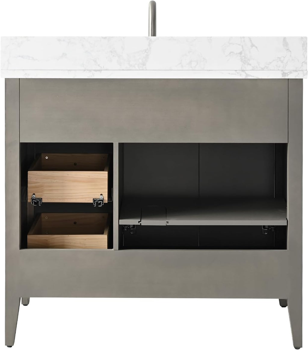Vanity Art 36 inch Bathroom Vanity with Single Sink & Ceramic Top, Vanity Cabinet with Soft-Closing Door, Solid Wood Frame, Linear Pattern, Driftwood Gray, Golden Brushed Handware VA9136-DG-GB