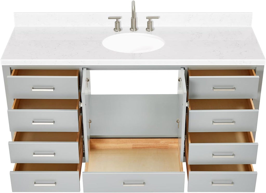 ARIEL Cambridge 66-inch Bathroom Vanity with Sink,Solid Wood, 1.5-inch Carrara White Quartz Countertop & Backsplash, Single Oval Porcelain Sink, 2 Soft Closing Doors, 9 Dovetail Drawers, Grey
