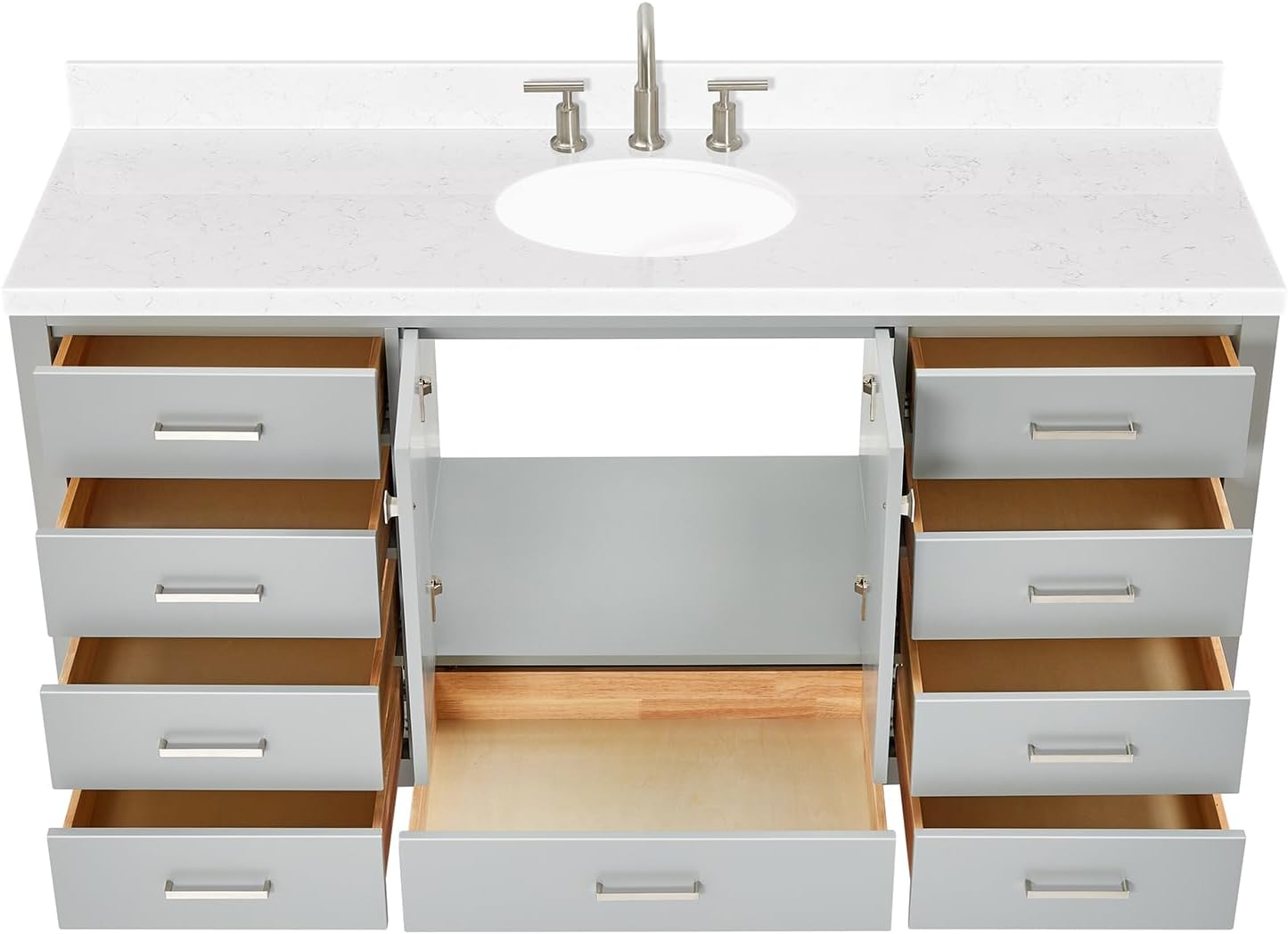 ARIEL Cambridge 66-inch Bathroom Vanity with Sink,Solid Wood, 1.5-inch Carrara White Quartz Countertop & Backsplash, Single Oval Porcelain Sink, 2 Soft Closing Doors, 9 Dovetail Drawers, Grey