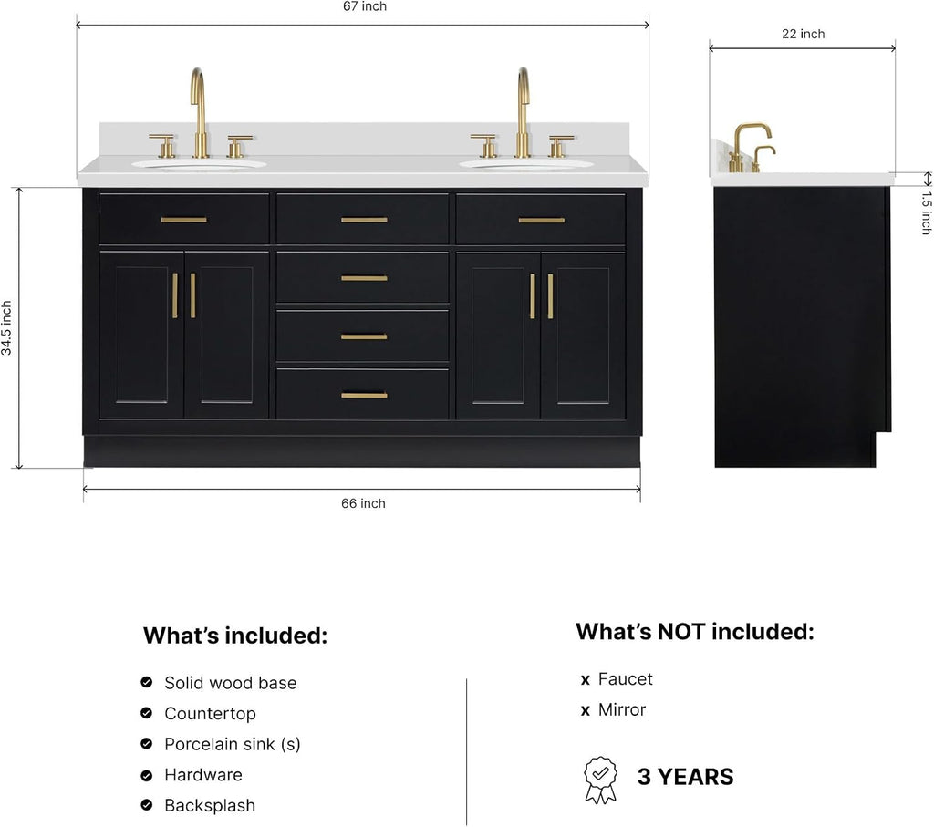 DKB Isabella 66-Inch Black Double Bathroom Vanity with Oval Sinks, 1.5-Inch Pure White Quartz Countertop & 4-Inch Backsplash, Solid Wood Frame, Soft-Close Drawers
