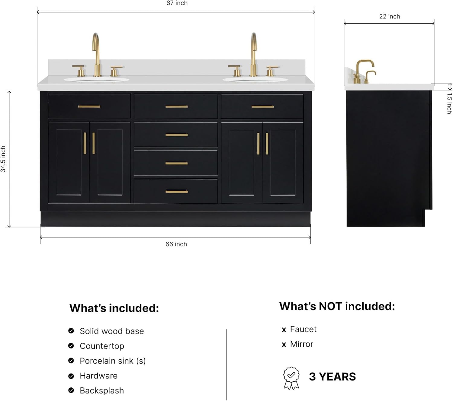 DKB Isabella 66-Inch Black Double Bathroom Vanity with Oval Sinks, 1.5-Inch Pure White Quartz Countertop & 4-Inch Backsplash, Solid Wood Frame, Soft-Close Drawers