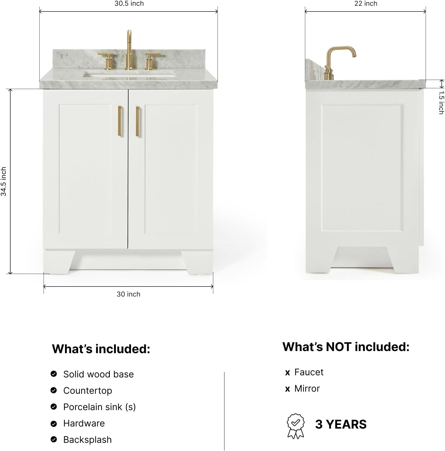 ARIEL Taylor 30-inch Bathroom Vanity with Sink,Solid Wood, 1.5-inch Italian Carrara Marble Countertop, Single Rectangular Porcelain Sink, 2 Soft Closing Doors, 1 Dovetail Drawers, White