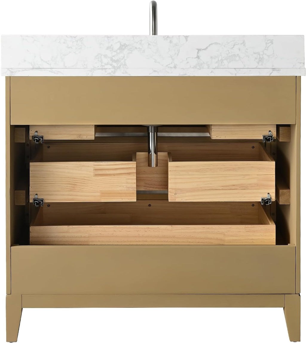 HOMEBEYOND 36 Inch Bathroom Vanity with Sink & Ceramic Top, Vanity Cabinet with Solid Wood Frame, Soft-Closing Doors, Drawers, Natural Oak