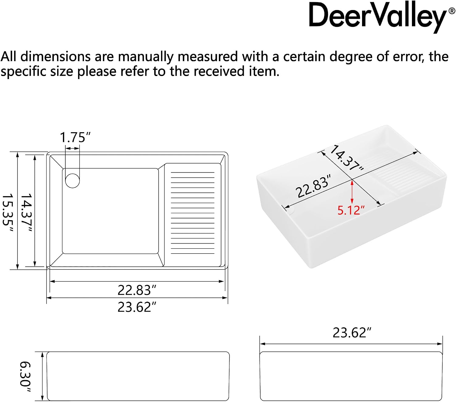 DeerValley 24x15 Inch Utility Vessel Sink, White Ceramic Rectangular Basin with Built-In Washboard and Side Drain, Laundry or Bathroom Sink, DV-1V0321