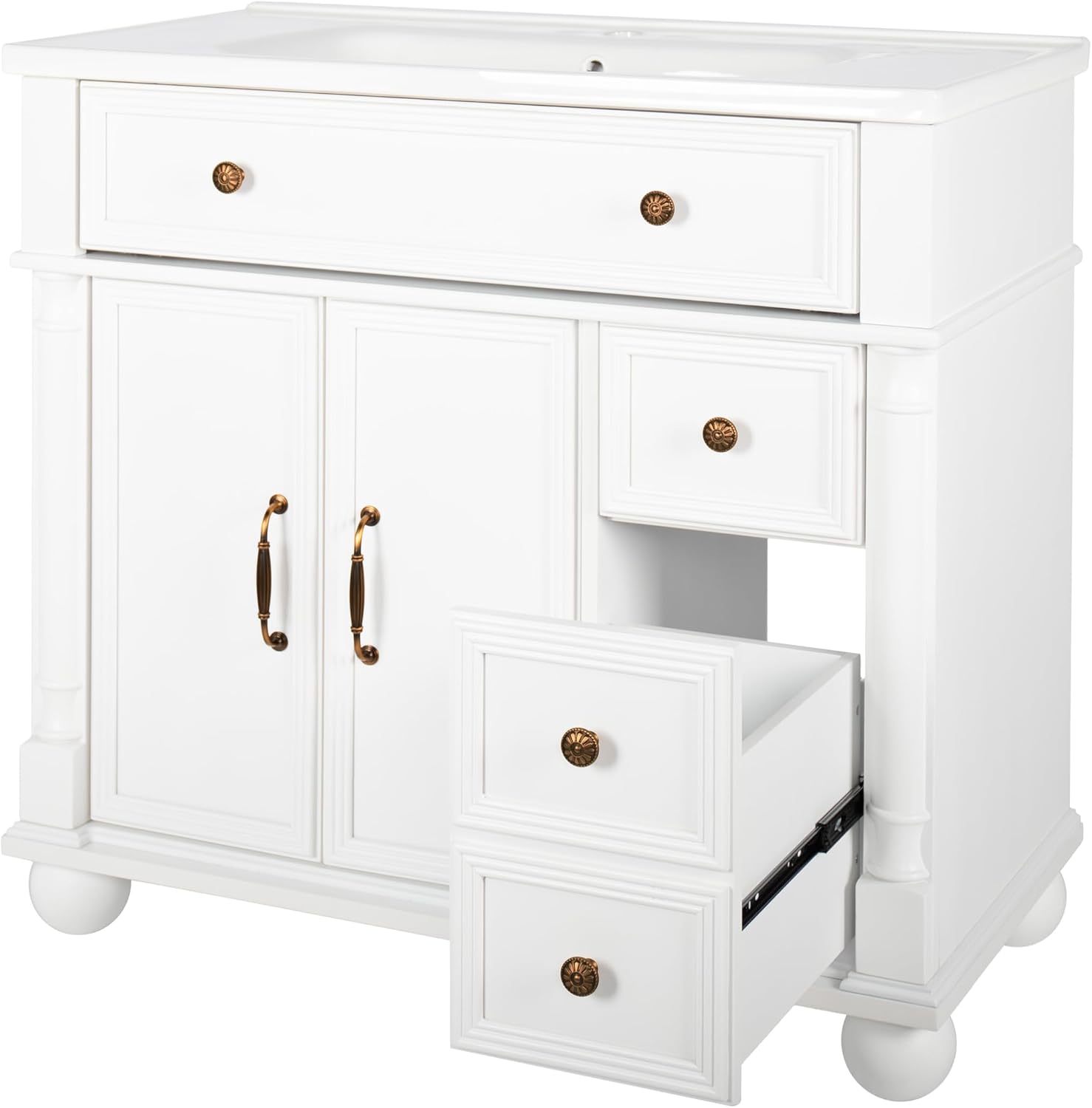 36 inch Bathroom Vanity with Sink, Freestanding Bathroom Vanity Cabinet with Ceramic Sink, Flip Top Drawer, 2 Large Capacity Drawers, Soft Closing Doors, Adjustable Shelf, Round Column Base, White