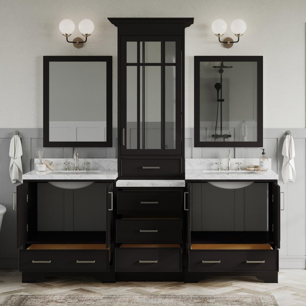 ARIEL Stafford 84-inch Bathroom Vanity with Sink,Solid Wood, 1.5-inch Italian Carrara Marble Countertop, Double Rectangular Porcelain Sink, 5 Soft Closing Doors, 6 Dovetail Drawers, Espresso