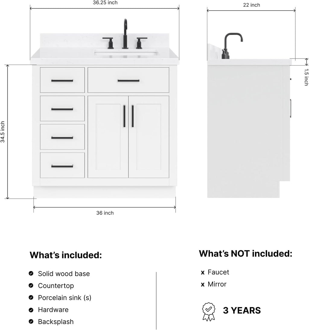ARIEL Hepburn 36-inch Bathroom Vanity with Sink,Solid Wood, 1.5-inch Carrara White Quartz Countertop & Backsplash, Single Rectangular Porcelain Sink, 2 Soft Closing Doors, 5 Dovetail Drawers, White