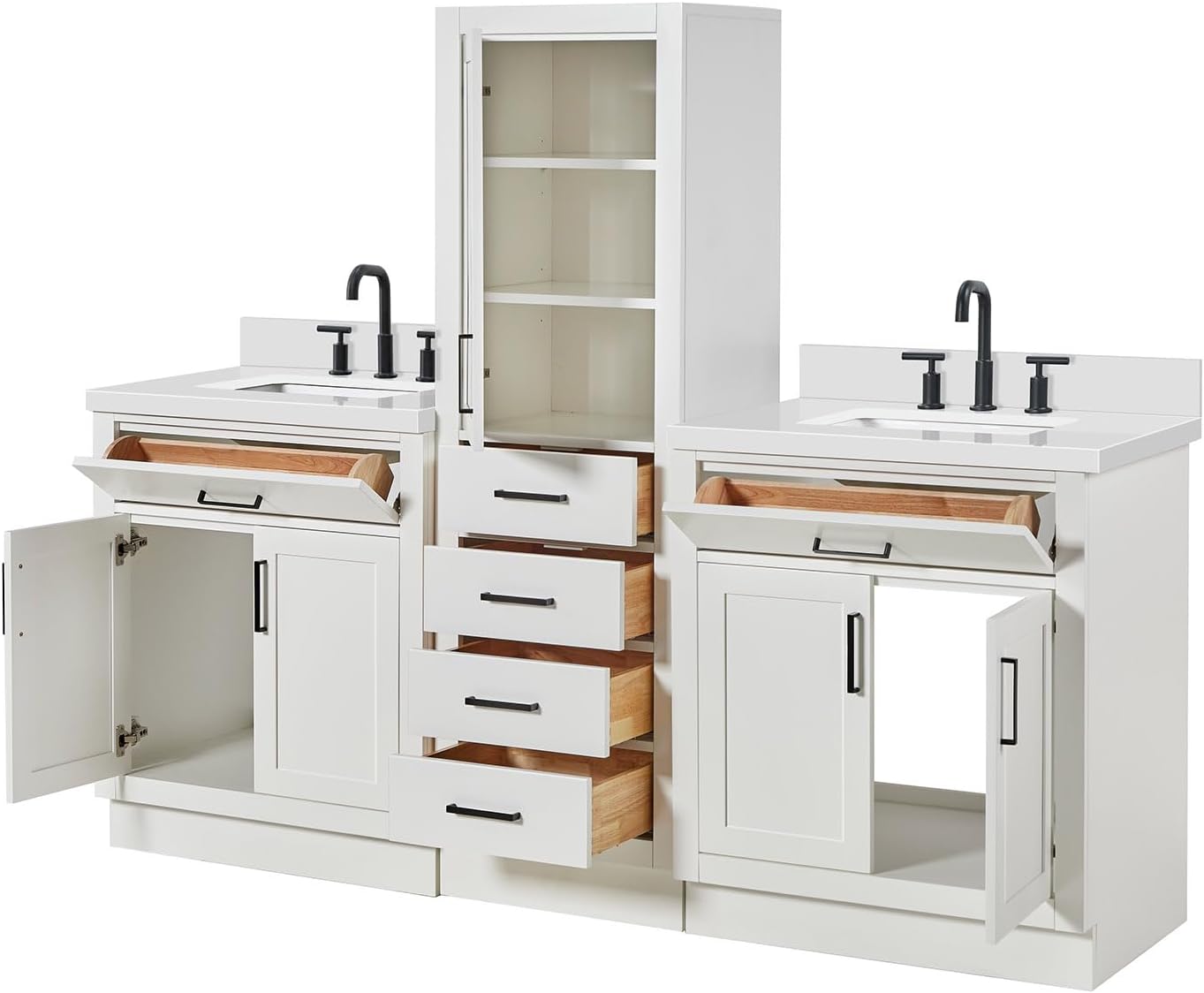 ARIEL Hepburn 82 Inch Includes 20 Inch Linen Cabinet and 2 of 31 Inch Single Rectangle Sink Bathroom Vanity with Pure White Quartz Countertop 1.5 Inch in White
