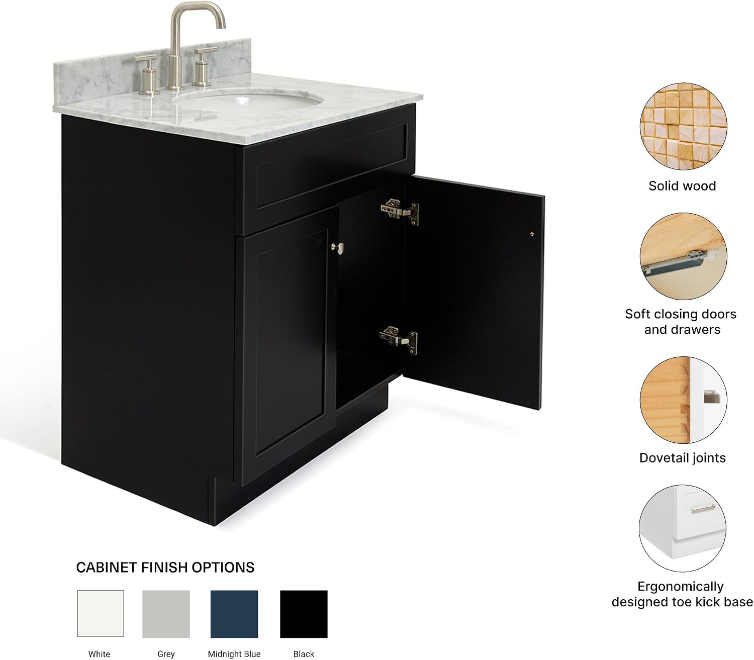 ARIEL Hamlet 30-inch Bathroom Vanity with Sink,Solid Wood, 0.75-inch Italian Carrara Marble Countertop, Single Oval Porcelain Sink, Soft Closing Doors, Black