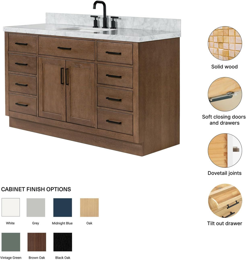 ARIEL Hepburn 60-inch Bathroom Vanity with Sink,Solid Wood, 1.5-inch Italian Carrara Marble Countertop, Single Rectangular Porcelain Sink, 2 Soft Closing Doors, 9 Dovetail Drawers, Brown Oak