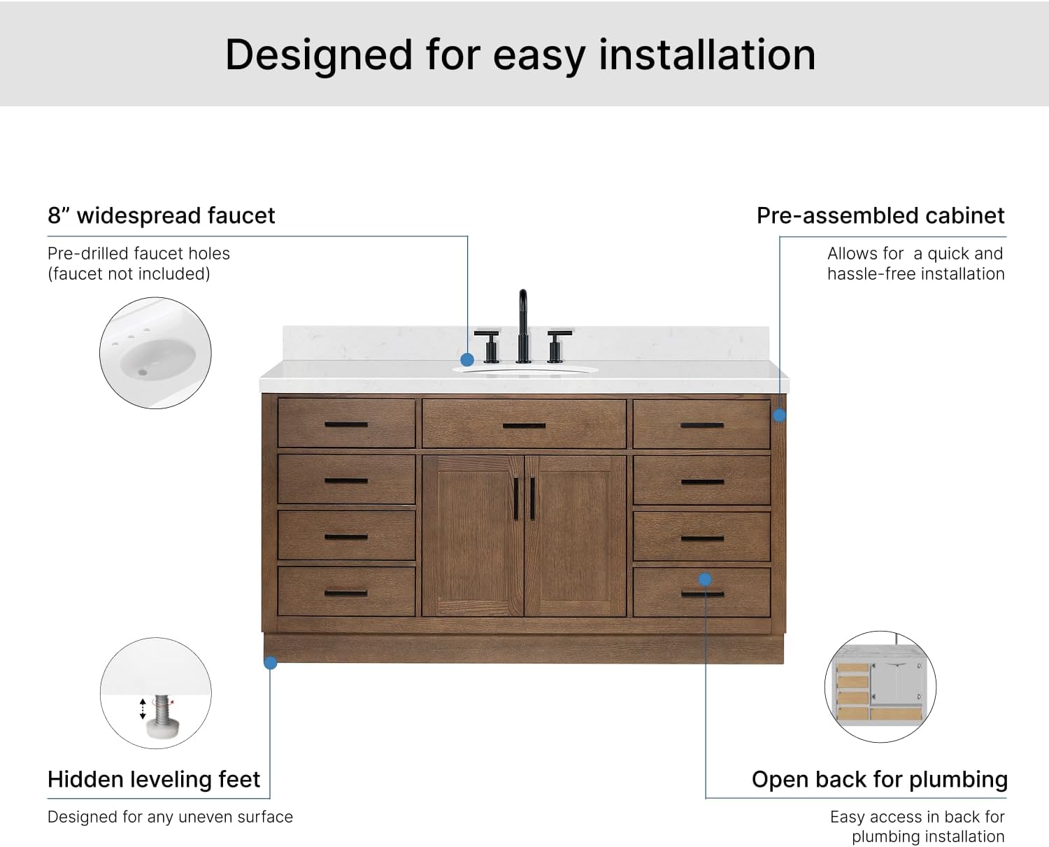 ARIEL Hepburn 66-inch Bathroom Vanity with Sink,Solid Wood, 1.5-inch Carrara White Quartz Countertop & Backsplash, Single Oval Porcelain Sink, 2 Soft Closing Doors, 9 Dovetail Drawers, Brown Oak