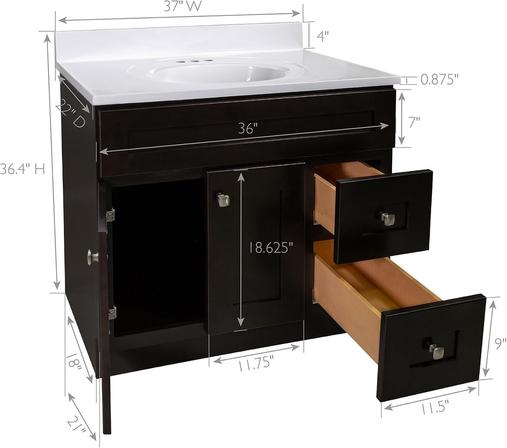 Design House Brookings 37 Inch Bathroom Vanity with Top, Ready to Assemble, Brown, 585836
