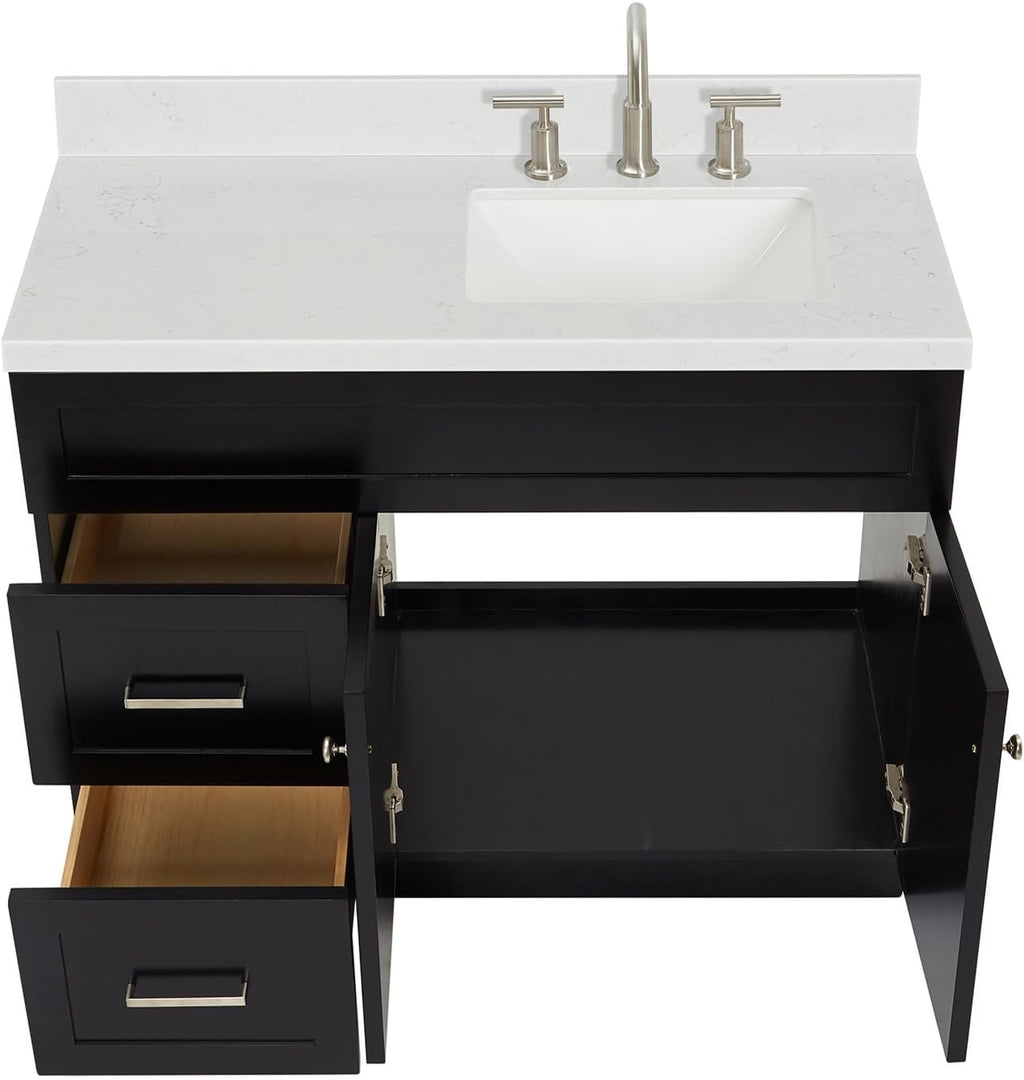 DKB Bradford 42-Inch Black Single Bathroom Vanity with Right Rectangular Undermount Sink, 1.5' Carrara Quartz Countertop, Solid Wood Frame, 2 Soft-Closing Doors, 2 Drawers, Toe Kick, Brushed Nickel