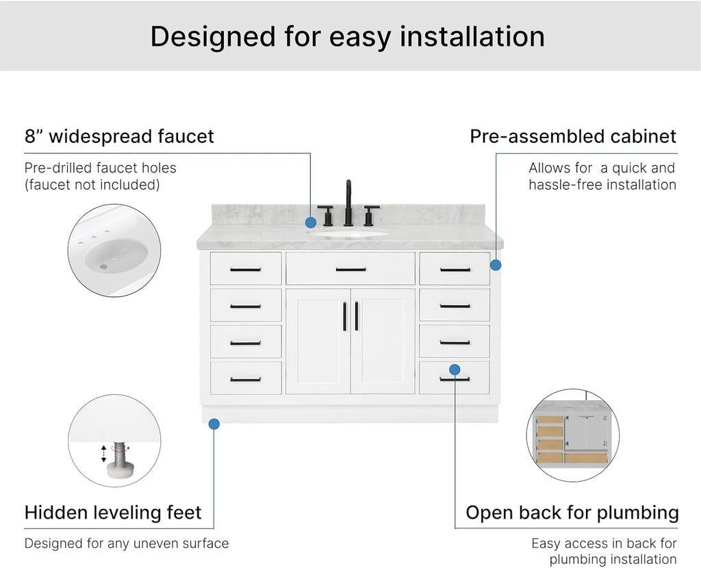 ARIEL Hepburn 54-inch Bathroom Vanity with Sink,Solid Wood, 1.5-inch Italian Carrara Marble Countertop & Backsplash, Single Oval Porcelain Sink, 2 Soft Closing Doors, 9 Dovetail Drawers, White