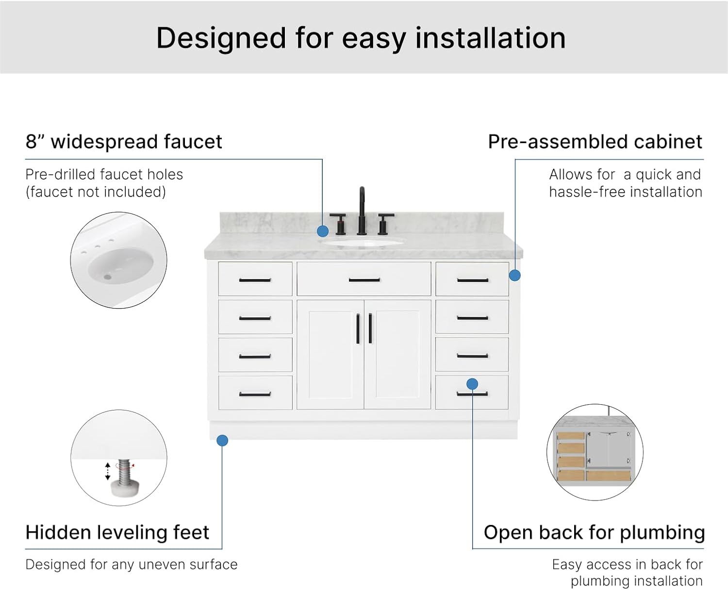 ARIEL Hepburn 54-inch Bathroom Vanity with Sink,Solid Wood, 1.5-inch Italian Carrara Marble Countertop & Backsplash, Single Oval Porcelain Sink, 2 Soft Closing Doors, 9 Dovetail Drawers, White