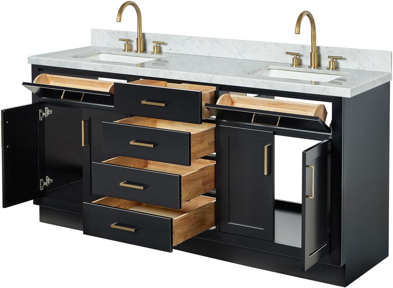 DKB Isabella 72 Inch Bathroom Vanity Double Sink — Black Bathroom Vanity with Sink, 1.5' Edge Italian Carrara Marble Countertop & Backsplash, 4 Soft-Close Doors, 4 Dovetail Drawers, and 2 Tilt Drawers