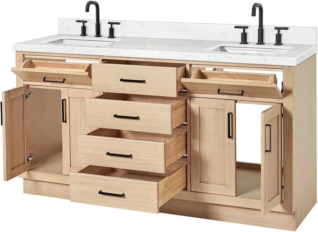 ARIEL Hepburn 66-inch Bathroom Vanity with Sink,Solid Wood, 1.5-inch Carrara White Quartz Countertop, Double Rectangular Porcelain Sink, 4 Soft Closing Doors, 6 Dovetail Drawers, White Oak