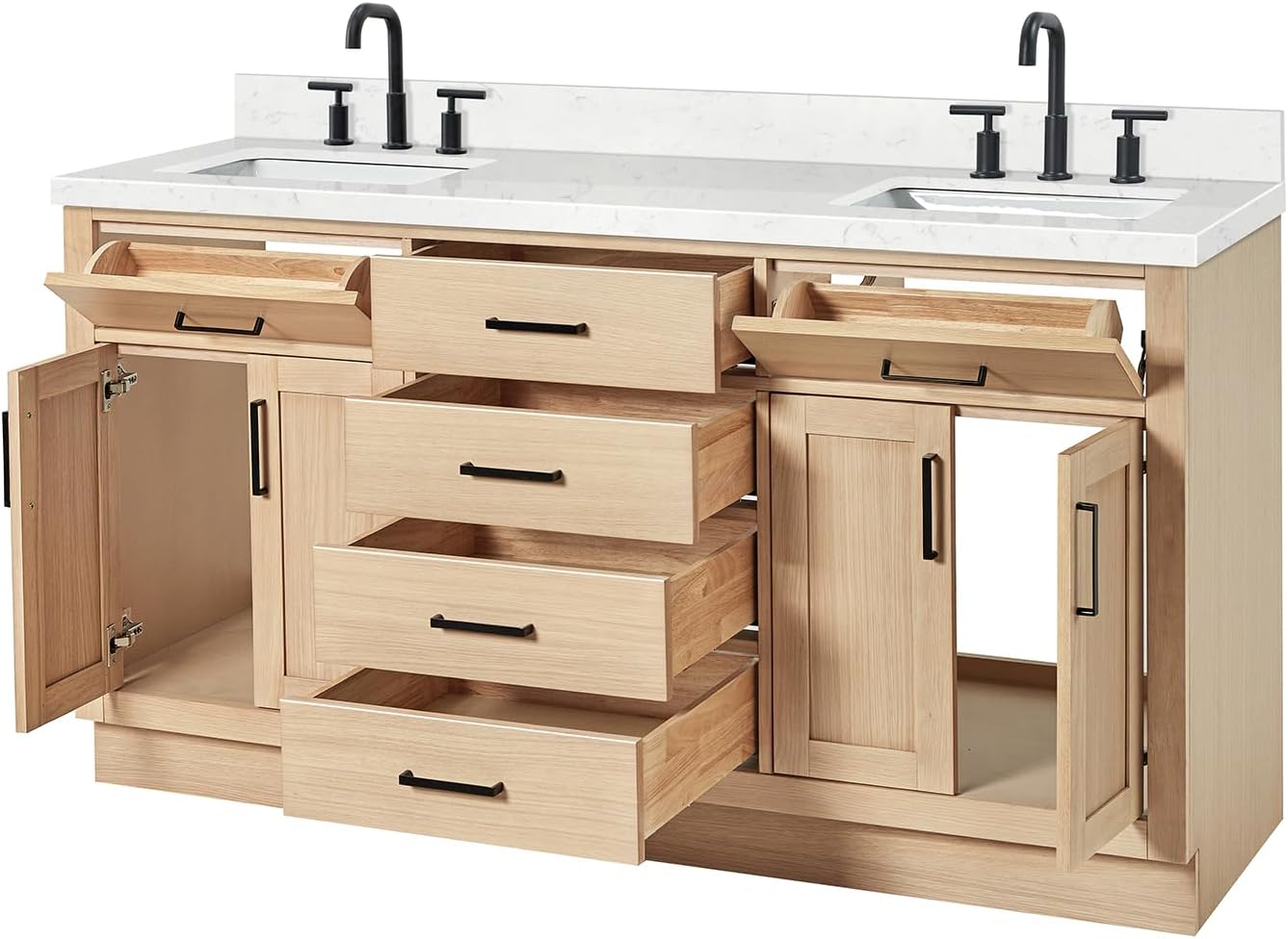 ARIEL Hepburn 66-inch Bathroom Vanity with Sink,Solid Wood, 1.5-inch Carrara White Quartz Countertop, Double Rectangular Porcelain Sink, 4 Soft Closing Doors, 6 Dovetail Drawers, White Oak