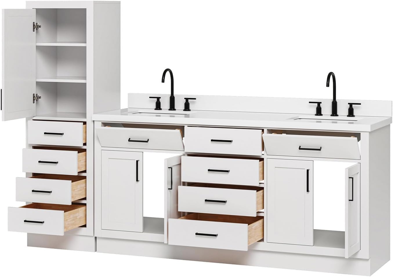 ARIEL Hepburn 93 Inch Includes 20 Inch Linen Cabinet and 1 of 73 Inch Double Rectangle Sink Bathroom Vanity with Pure White Quartz Countertop 1.5 Inch in White