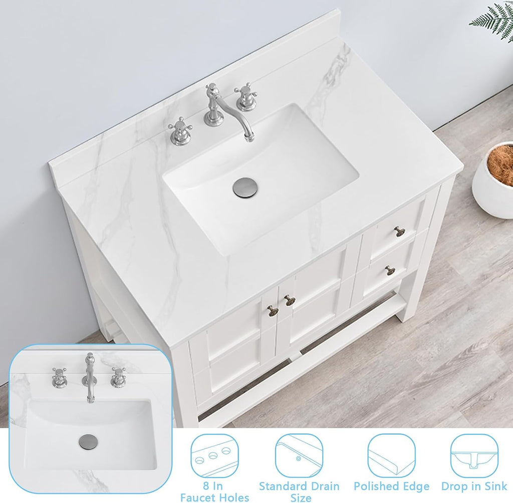 36 in. W x 22 in D Quartz Vanity Top in Calacatta Rocky, Vanity Sink Top with Assembled Single Drop-in Sink, Pre-Drilled Widespread Faucet Holes Countertop with 4' H Backsplash
