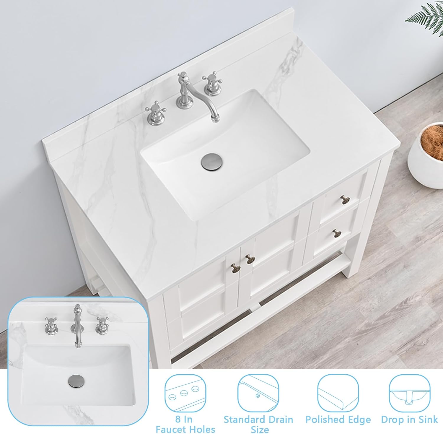 36 in. W x 22 in D Quartz Vanity Top in Calacatta Rocky, Vanity Sink Top with Assembled Single Drop-in Sink, Pre-Drilled Widespread Faucet Holes Countertop with 4' H Backsplash