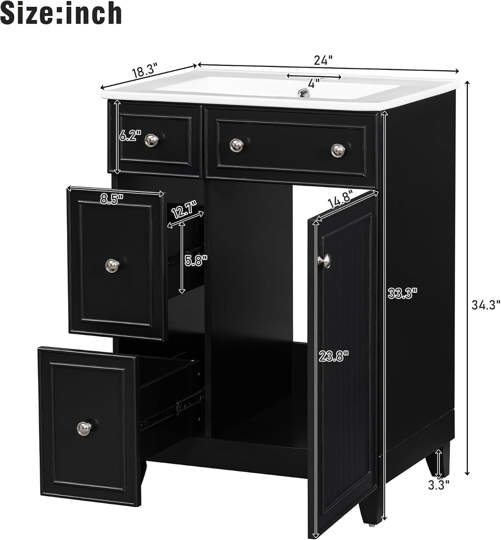 24-inch Bathroom Vanity with Sink Combo Set, Free-Standing Single Storage Cabinet with 2 Drawers and Single Door, Vanity with Ceramic Basin for Bathroom (Black)