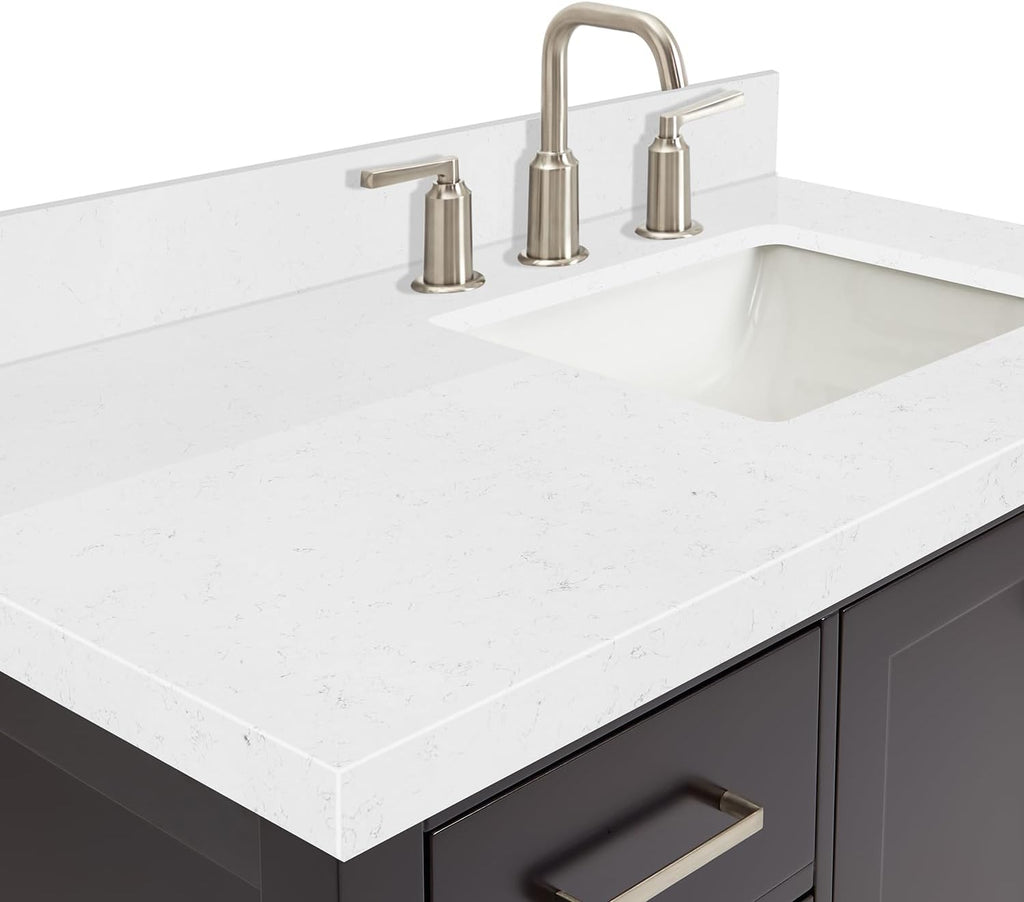 DKB Beckford 42' Espresso Single Bathroom Vanity with Sink, Solid Wood Frame, 1.5' Carrara White Quartz Countertop, Rectangular Undermount Sink, 2 Soft Closing Doors, 5 Dovetail Drawers