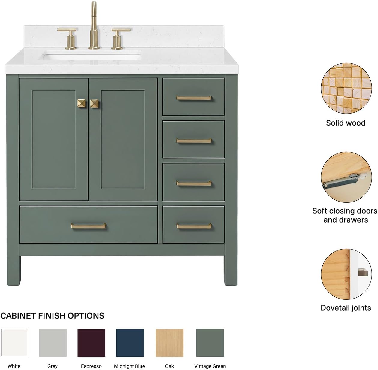 ARIEL Cambridge 36-inch Bathroom Vanity with Sink,Solid Wood, 1.5-inch Carrara White Quartz Countertop, Single Rectangular Porcelain Sink, 2 Soft Closing Doors, 5 Dovetail Drawers, Vintage Green