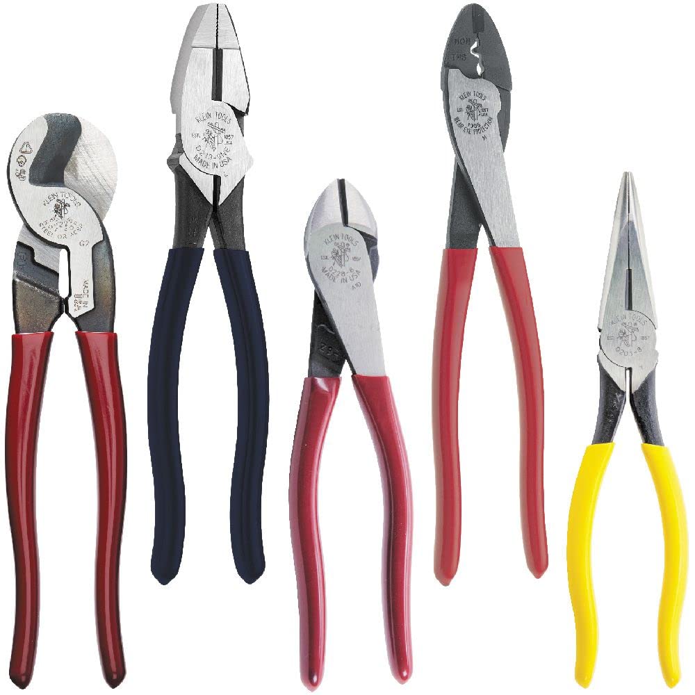 Dipped Plier Kit, Diagonal-Cutting, Needle-Nose, Side-Cutting High Leverage Linesman Pliers, Cutter and Crimper, 5-Piece and Klein Tools 70550 Hex Wrench Key Set, 11 SAE Sizes, Heavy Duty Folding Allen Wrench Tool with Extra Long Hex Keys