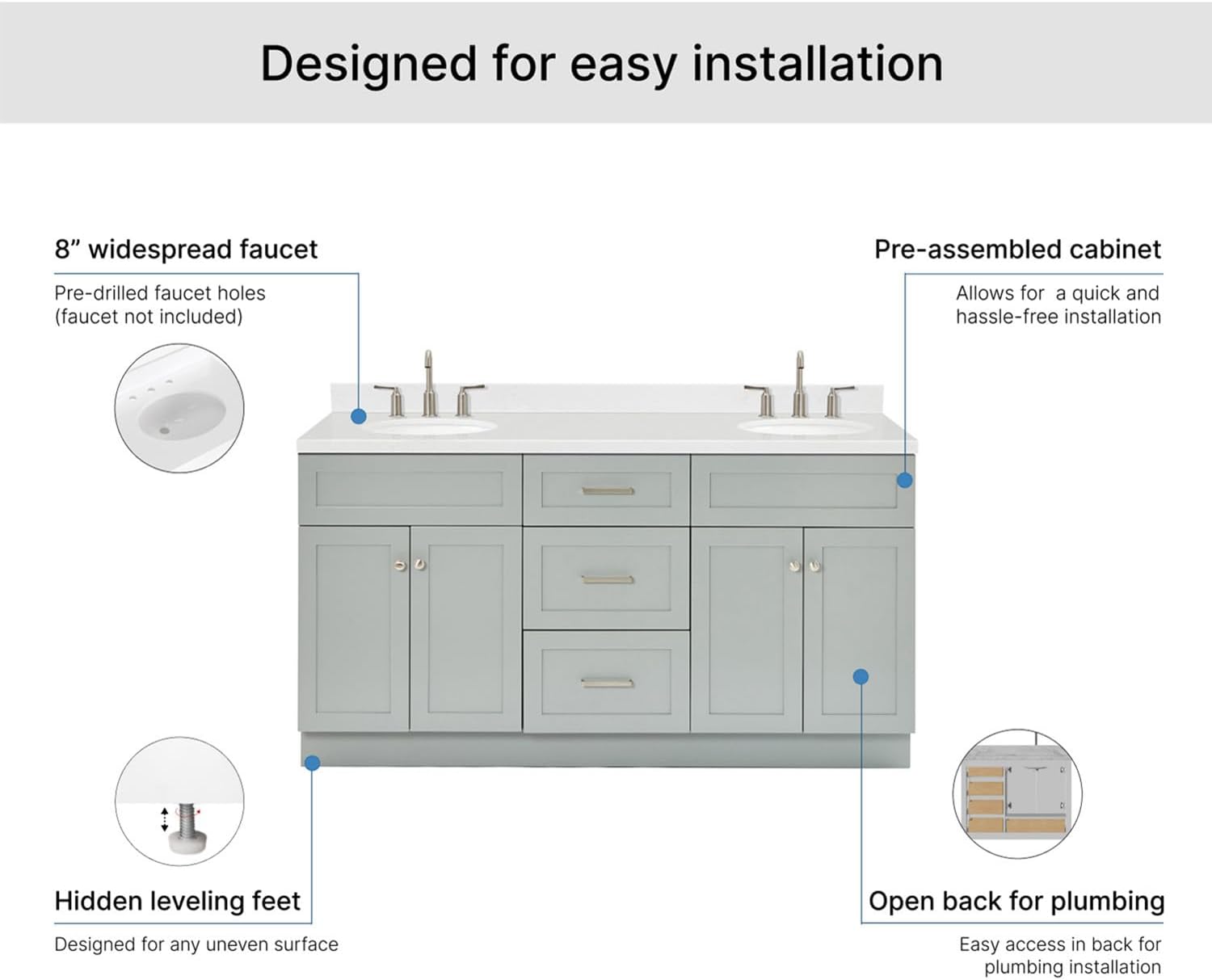 ARIEL Hamlet 66-inch Bathroom Vanity with Sink,Solid Wood, 1.5-inch Carrara White Quartz Countertop & Backsplash, Double Oval Porcelain Sink, 4 Soft Closing Doors, 3 Dovetail Drawers, Grey