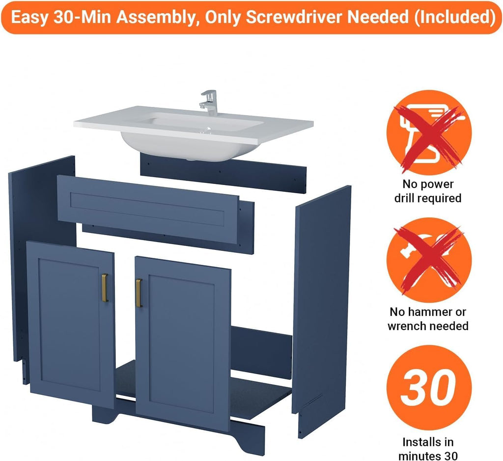24 Inch Bathroom Vanity with Ceramic Basin and Countertop, Modern Bathroom Vanity with Sink, Narrow Design for Small Bathroom (Blue Shaker)