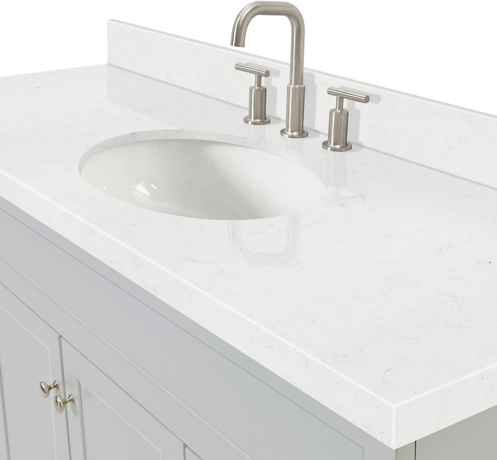 ARIEL Hamlet 60-inch Bathroom Vanity with Sink,Solid Wood, 1.5-inch Carrara White Quartz Countertop & Backsplash, Single Oval Porcelain Sink, 2 Soft Closing Doors, 4 Dovetail Drawers, Grey