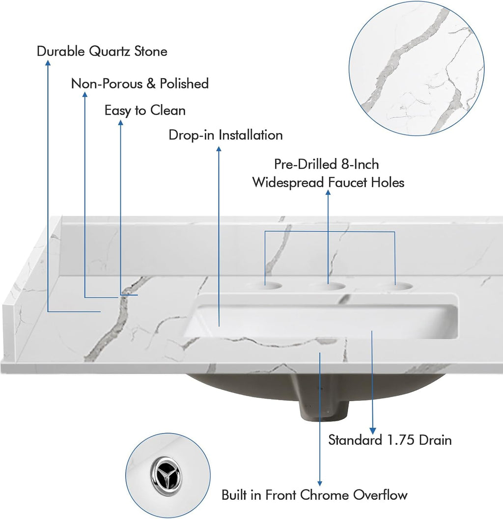 36 in.W x 22 in.D Quartz Calacatta River Vanity Top,with Undermount Middle Sink Vanity Top,with Two Sidesplash & One Backsplash,8 Inch Faucet Hole Spread Bathroom Vanity Sink Countertop