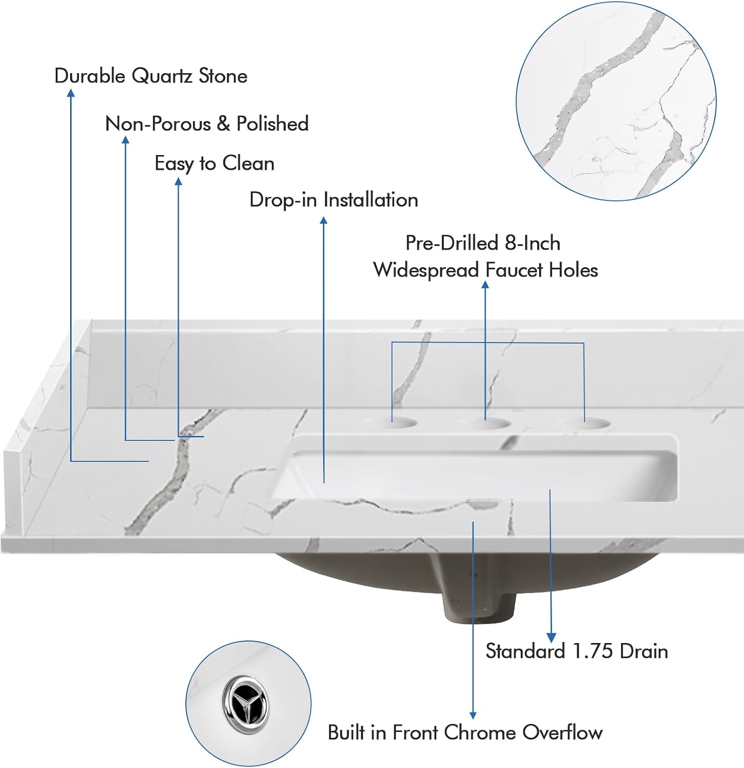 36 in.W x 22 in.D Quartz Calacatta River Vanity Top,with Undermount Middle Sink Vanity Top,with Two Sidesplash & One Backsplash,8 Inch Faucet Hole Spread Bathroom Vanity Sink Countertop