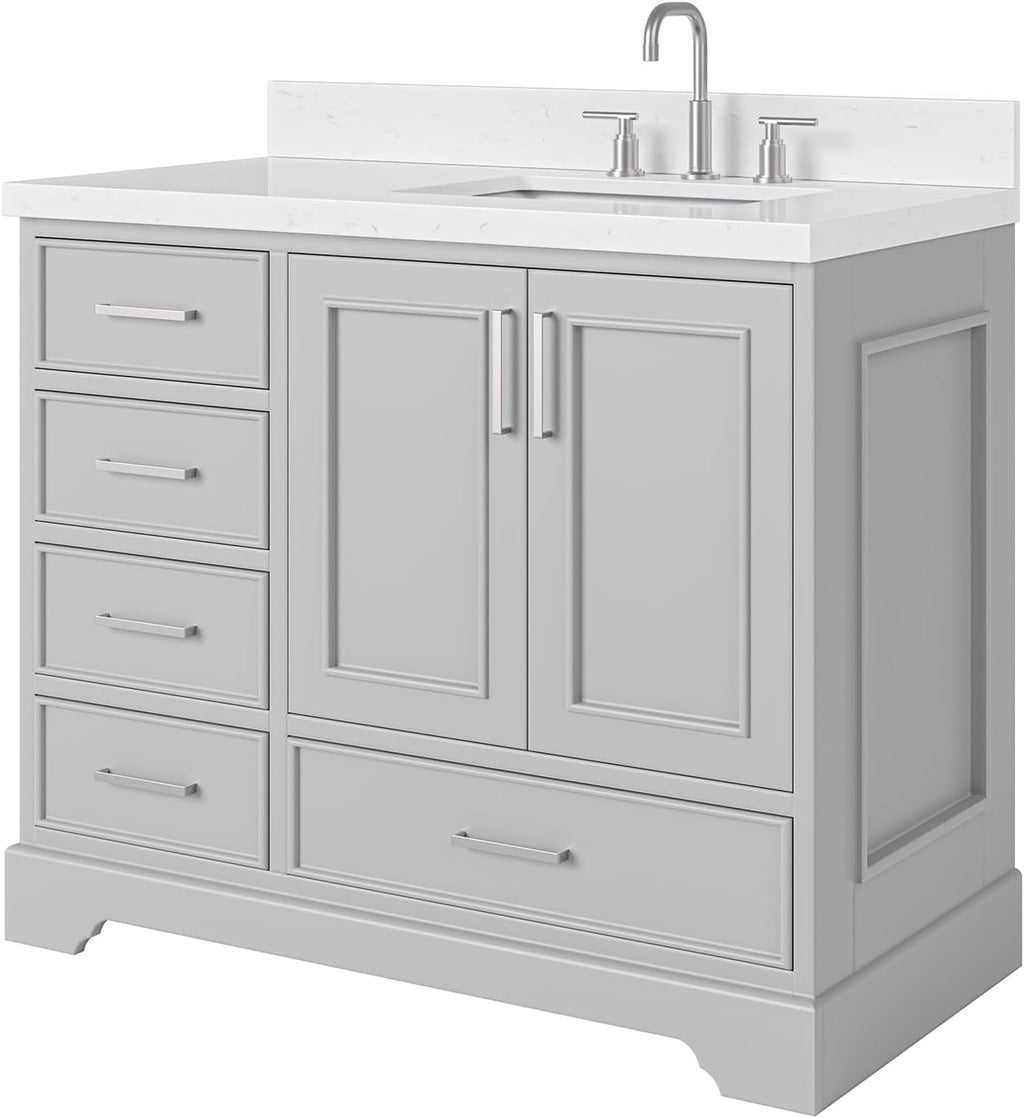 DKB Langford 42-inch Grey Bathroom Vanity with Right Rectangle Single Sink, Carrara White Quartz Countertop & Backsplash, Solid Wood Frame, Soft-Closing & Dovetail Drawers