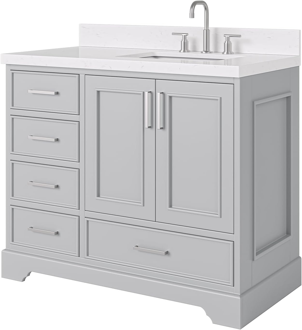 DKB Langford 42-inch Grey Bathroom Vanity with Right Rectangle Single Sink, Carrara White Quartz Countertop & Backsplash, Solid Wood Frame, Soft-Closing & Dovetail Drawers
