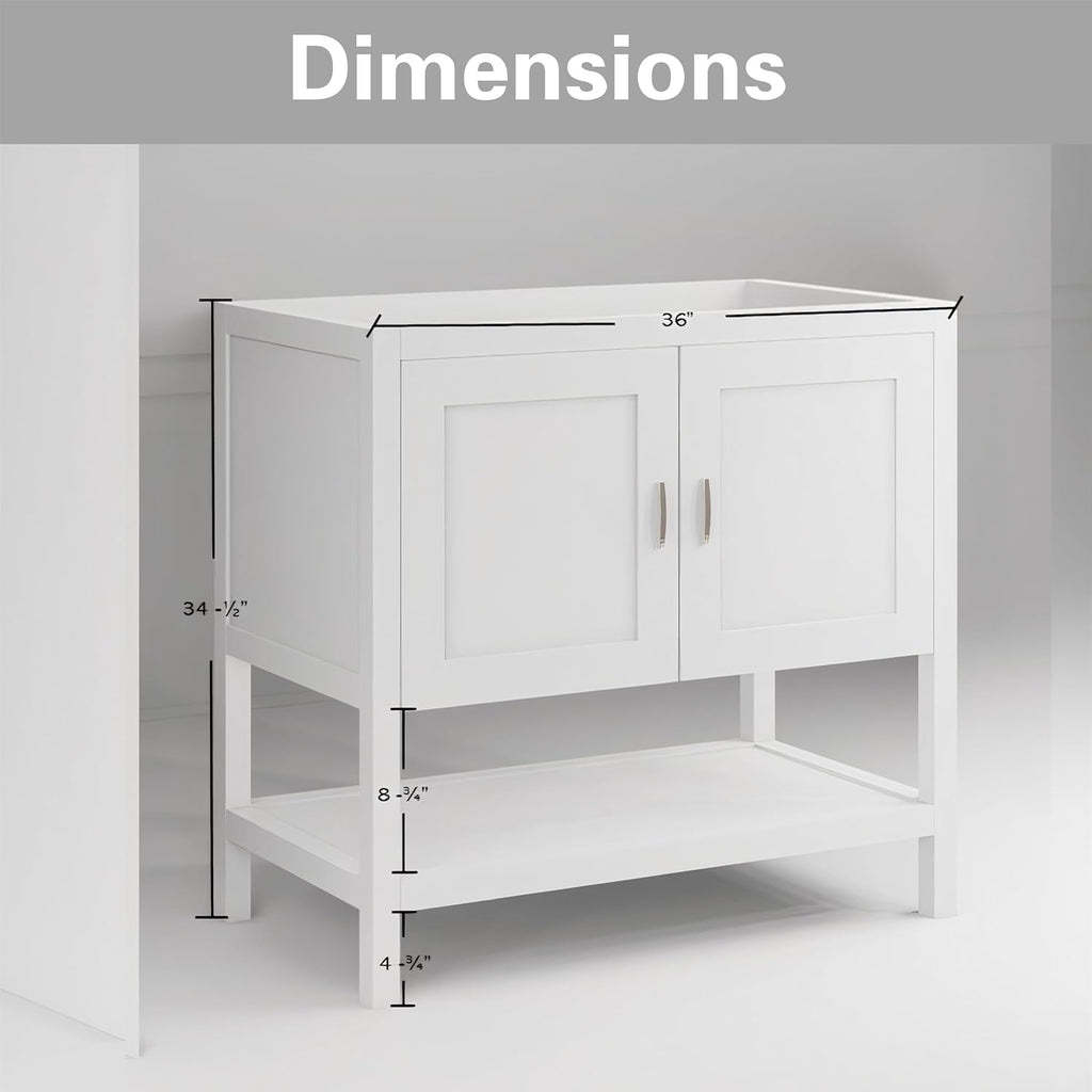 36' Bathroom Vanity Base – Freestanding Solid Wood Cabinet with Open Shelf, Soft-Close Doors, Sink Base Cabinet Only (White, No Top)