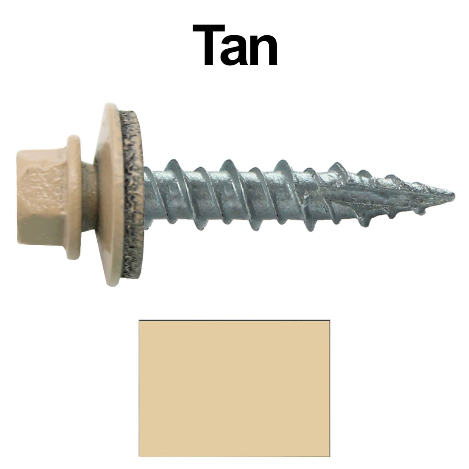 10 x 1 TAN Metal Roofing Screws - Hex Washer Head- Self-Starting/Tapping - EPDM Washer. 4 X 250 Bags - 1,000 Screws