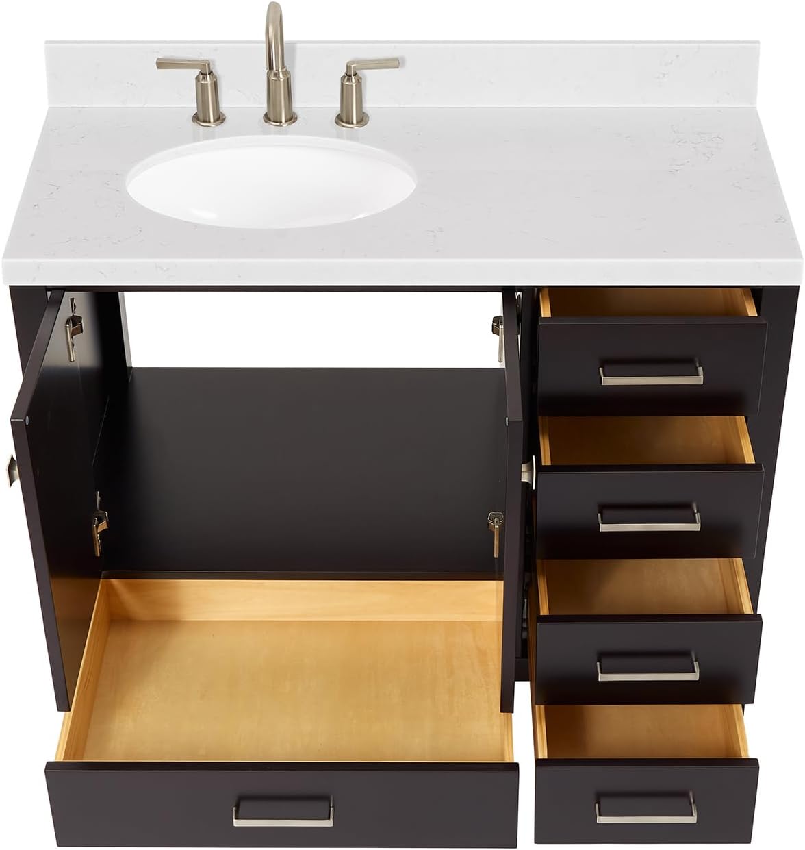 DKB Beckford 42-Inch Espresso Bathroom Vanity, Single Left Oval Undermount Sink, 1.5-Inch Carrara White Quartz Countertop & Backsplash, 2 Soft Closing Doors, 5 Dovetail Drawers, Solid Wood Frame
