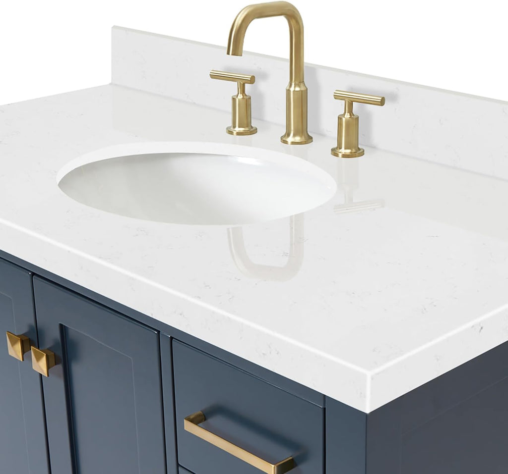 DKB Beckford 42-Inch Midnight Blue Single Bathroom Vanity with Sink, Solid Wood Cabinet, Carrara White Quartz Countertop, 1.5-Inch Edge, Oval Undermount Sink, 2 Soft Closing Doors, 9 Drawers