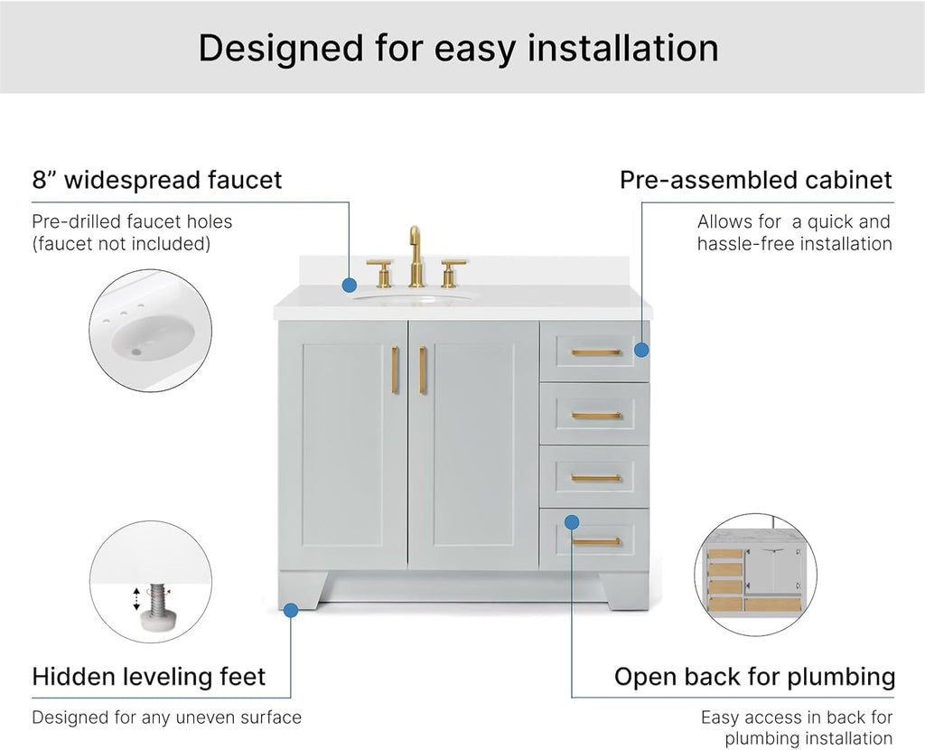 ARIEL Taylor 42-inch Bathroom Vanity with Sink,Solid Wood, 1.5-inch Pure White Quartz Countertop & Backsplash, Single Oval Porcelain Sink, 2 Soft Closing Doors, 5 Dovetail Drawers, Grey