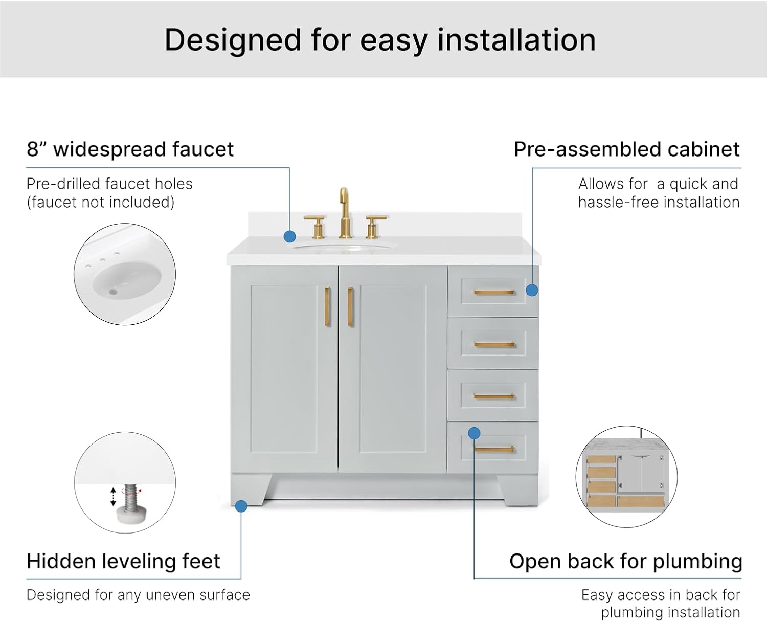 ARIEL Taylor 42-inch Bathroom Vanity with Sink,Solid Wood, 1.5-inch Pure White Quartz Countertop & Backsplash, Single Oval Porcelain Sink, 2 Soft Closing Doors, 5 Dovetail Drawers, Grey